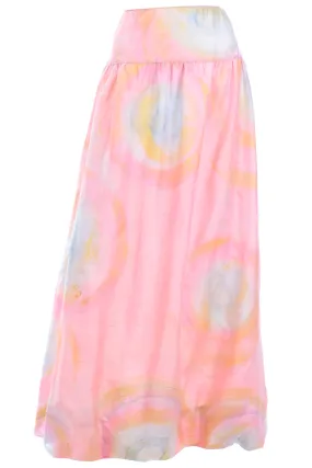 1970s Mary McFadden Vintage Pink Pastel Watercolor Maxi Bubble Skirt