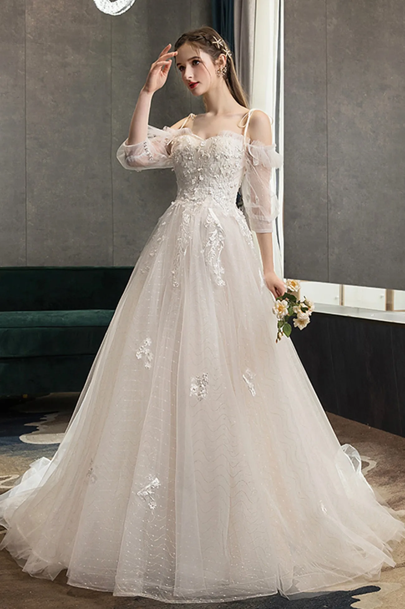 A-Line Lace Long Prom Dress, Off the Shoulder Formal Evening Dress