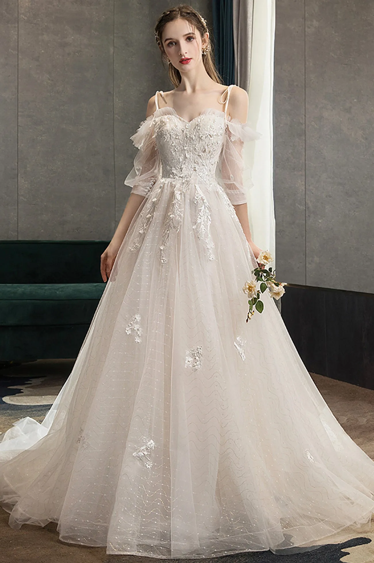 A-Line Lace Long Prom Dress, Off the Shoulder Formal Evening Dress