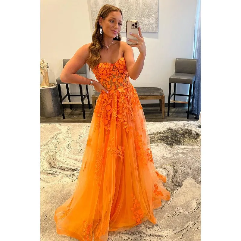 A-line Strapless Lace Appliques Senior Prom Dress