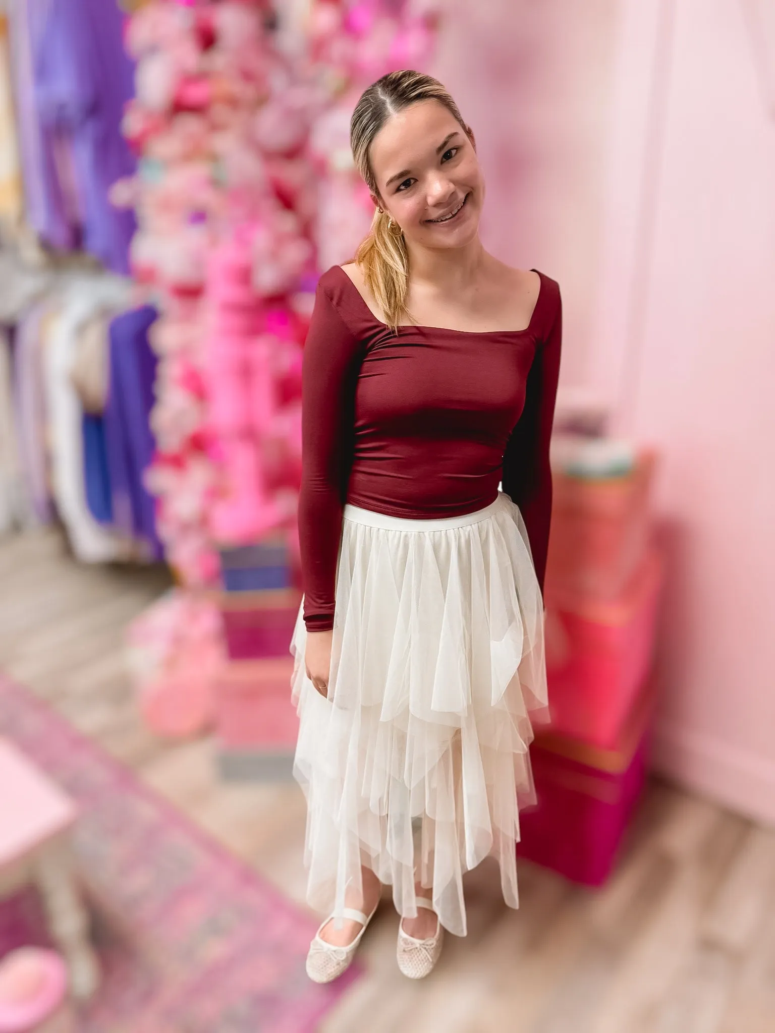 Anna Beige Lined Tiered Mesh Skirt