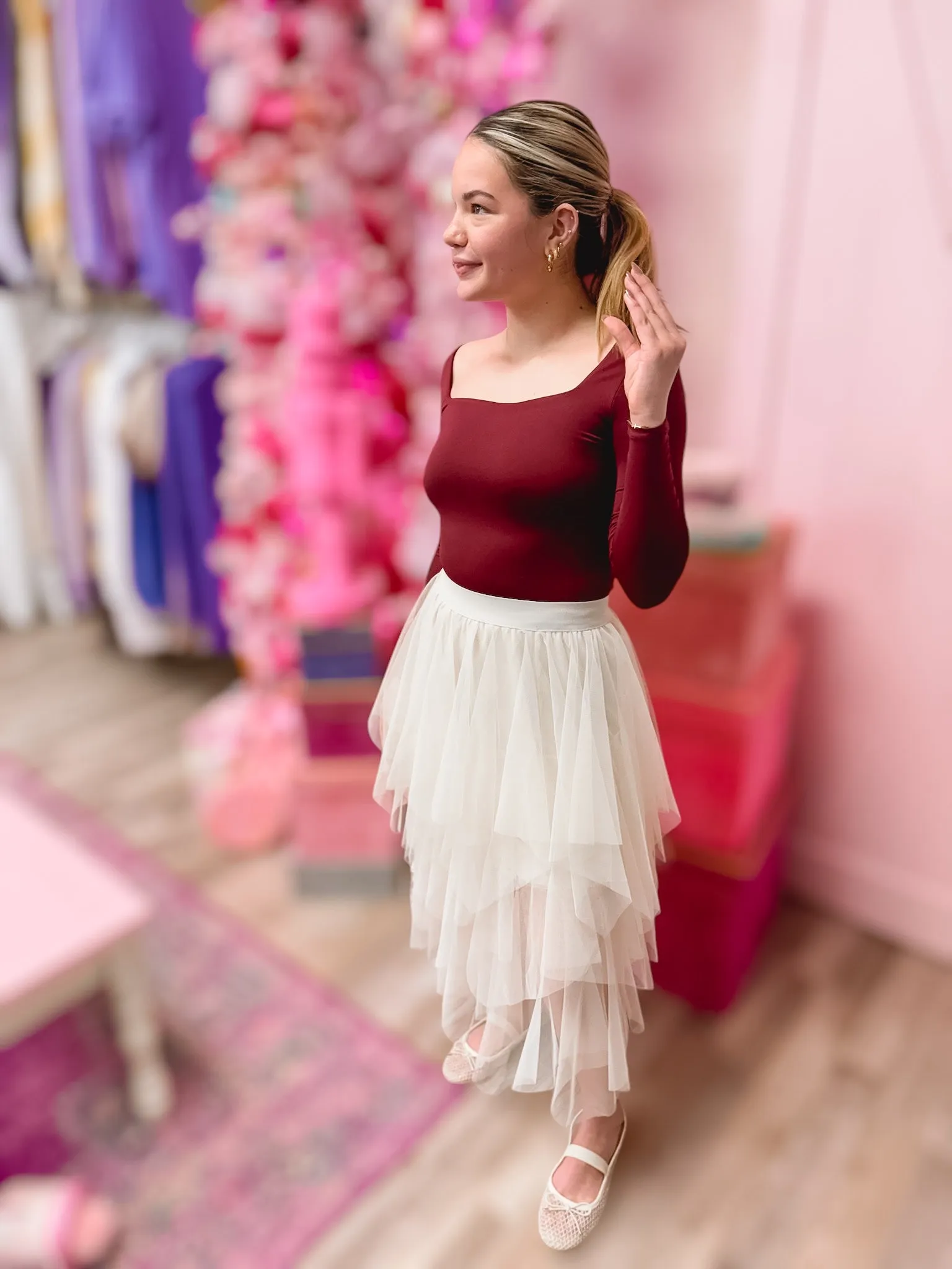 Anna Beige Lined Tiered Mesh Skirt