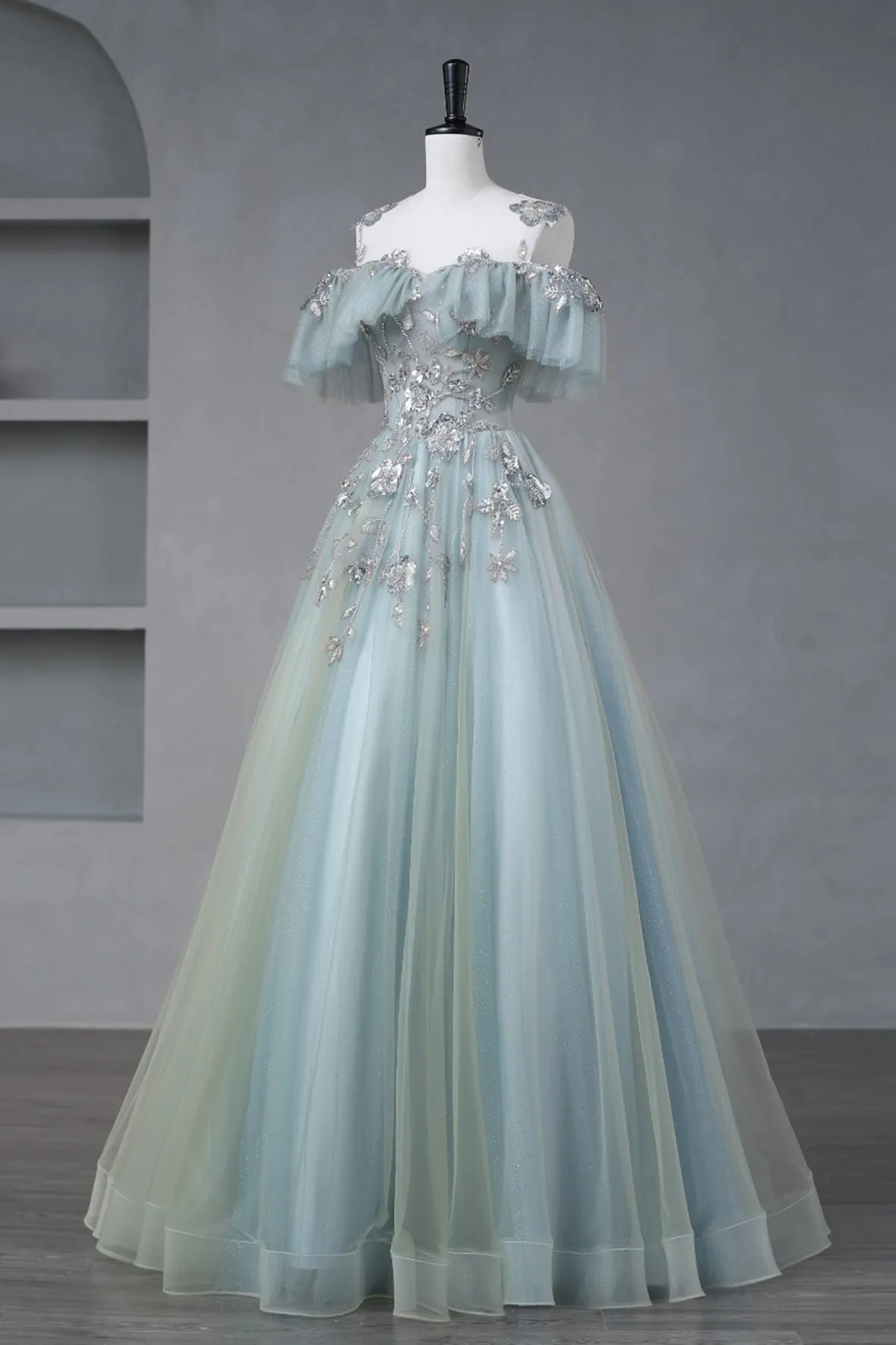 Beautiful Tulle Sequins Long Prom Dress, A-Line Off the Shoulder Party Dress