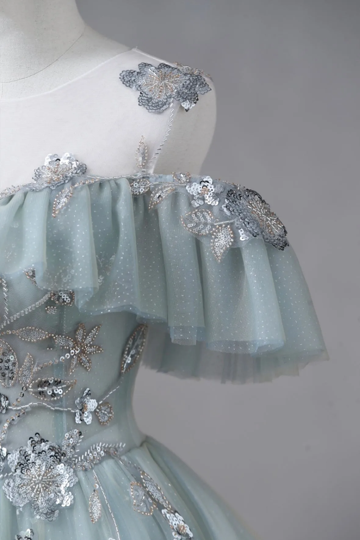 Beautiful Tulle Sequins Long Prom Dress, A-Line Off the Shoulder Party Dress