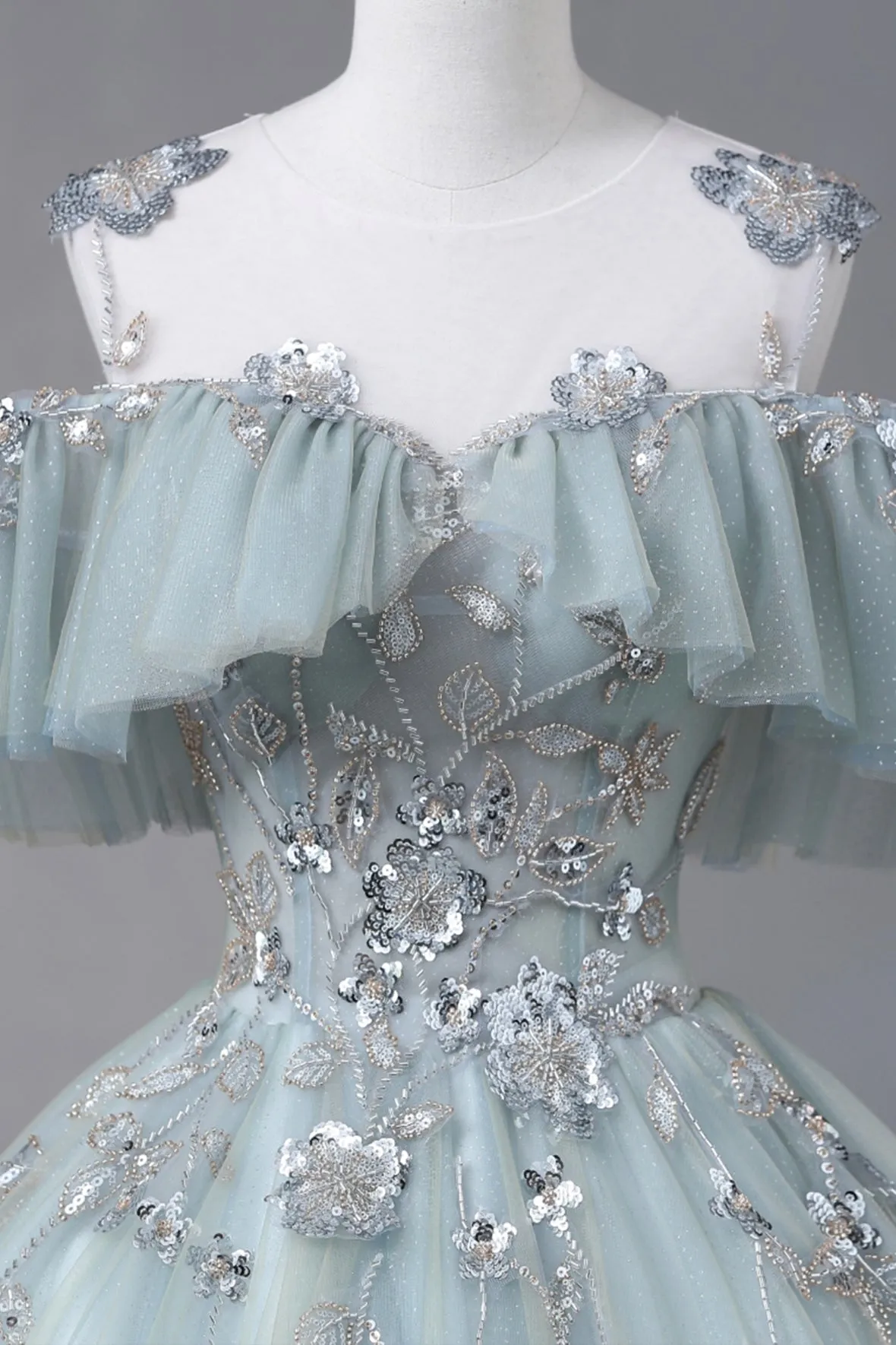 Beautiful Tulle Sequins Long Prom Dress, A-Line Off the Shoulder Party Dress