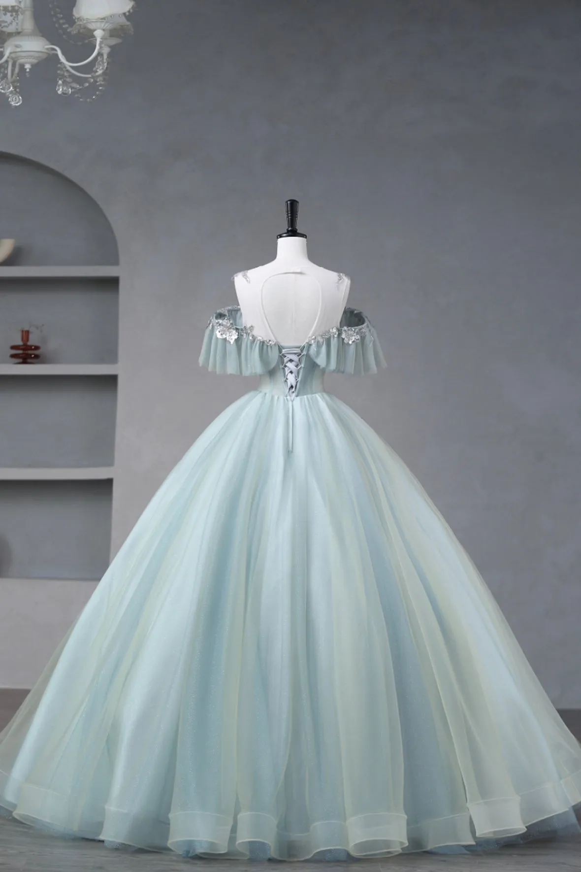 Beautiful Tulle Sequins Long Prom Dress, A-Line Off the Shoulder Party Dress