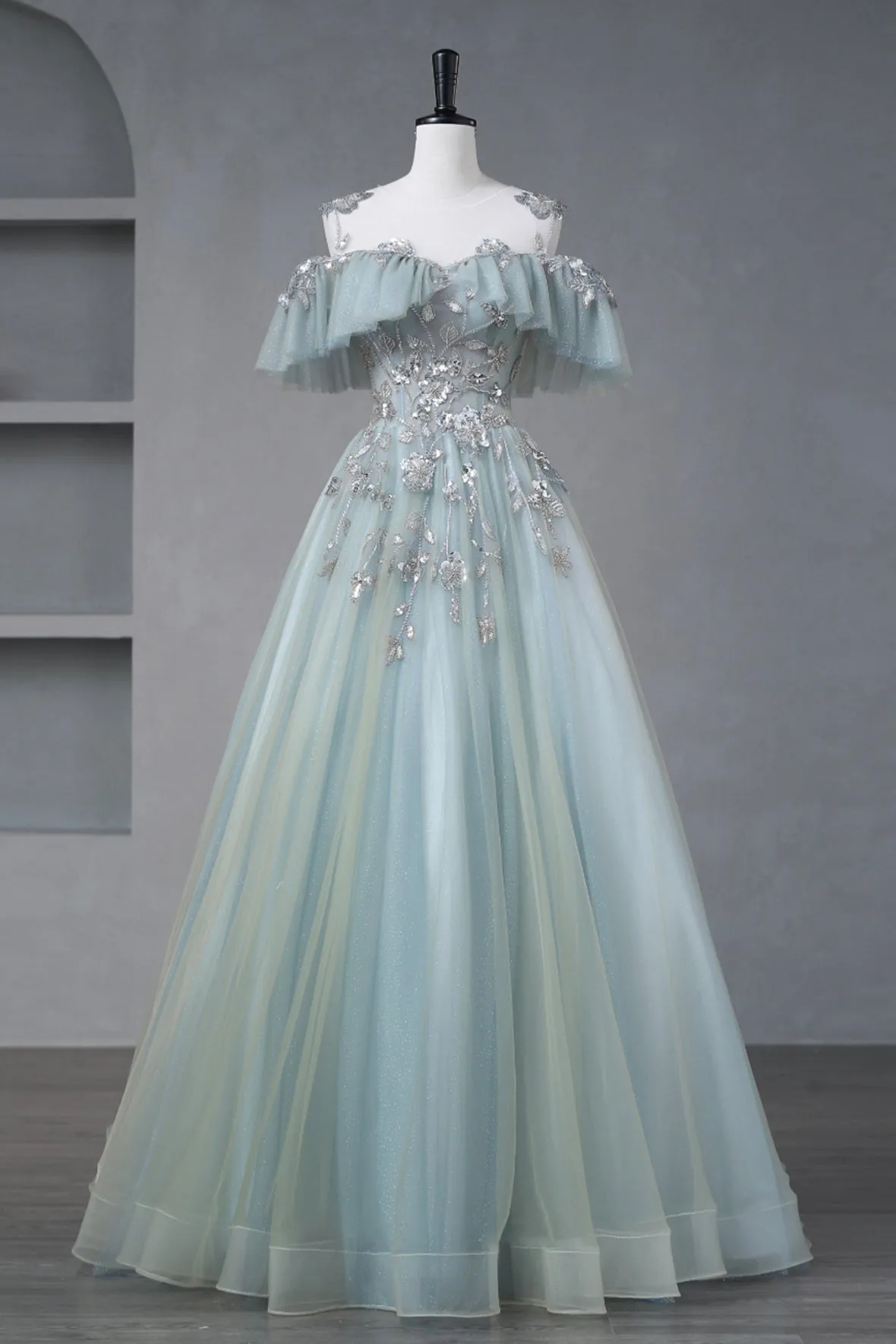Beautiful Tulle Sequins Long Prom Dress, A-Line Off the Shoulder Party Dress