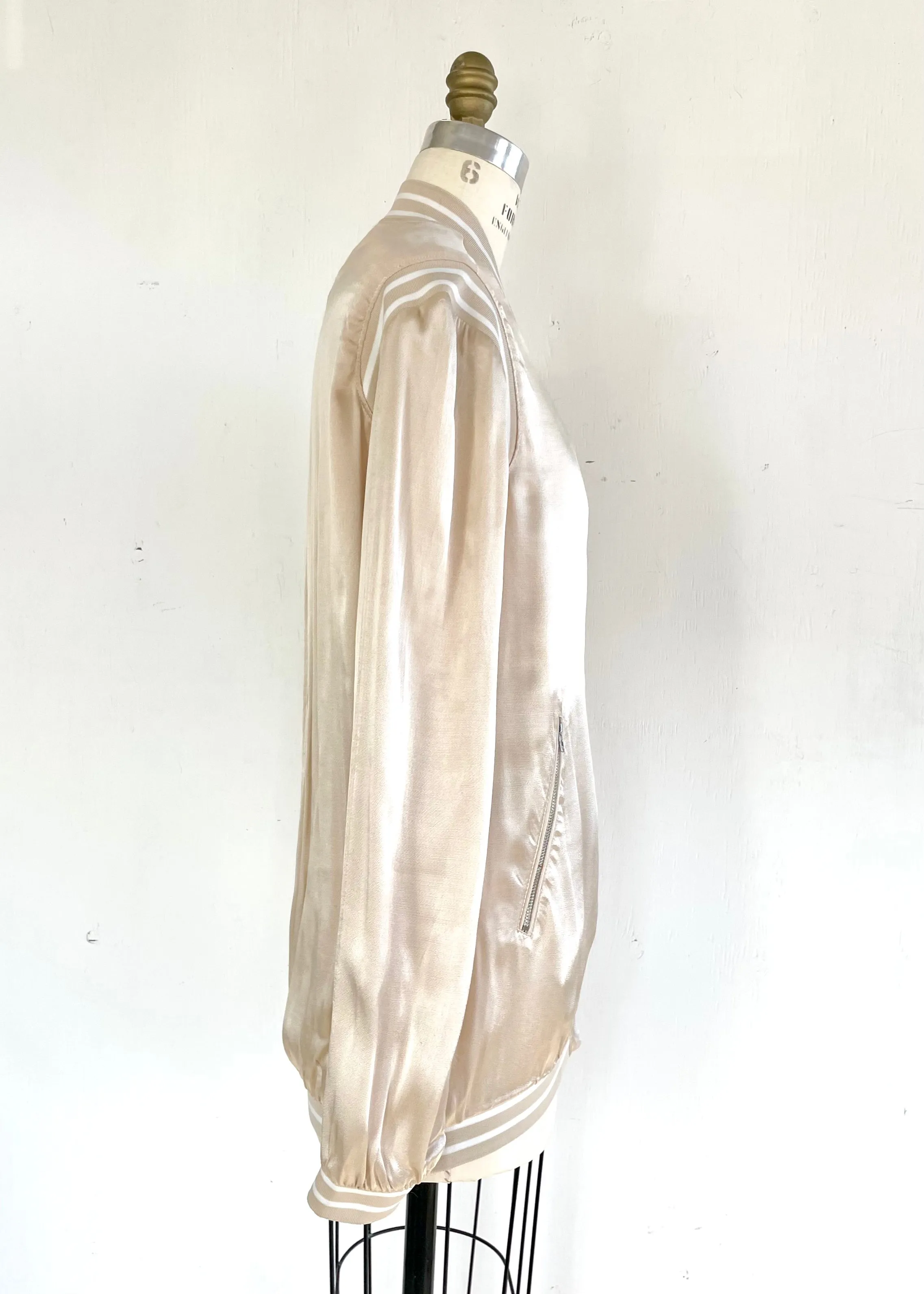 BLANK NYC Women's over size beige satin varsity style bomber jacket, XS