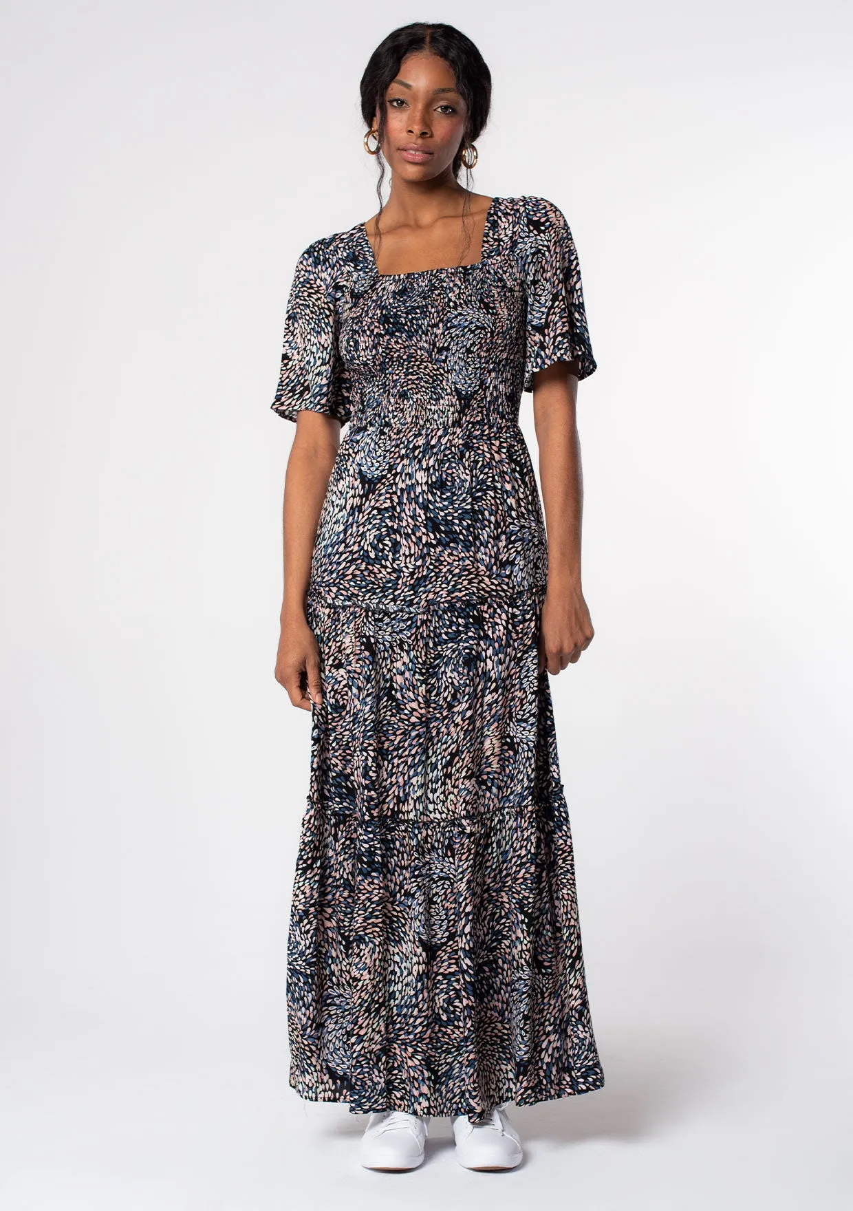 Boho Spring Printed Smocked Maxi Dress