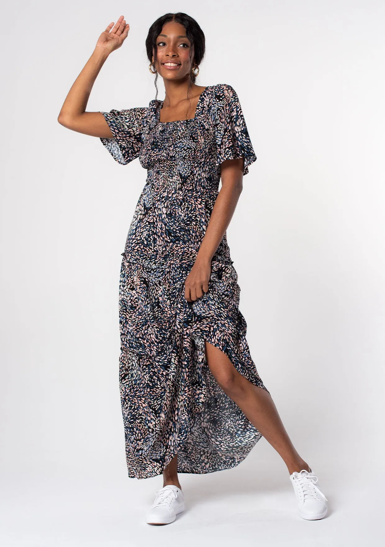 Boho Spring Printed Smocked Maxi Dress