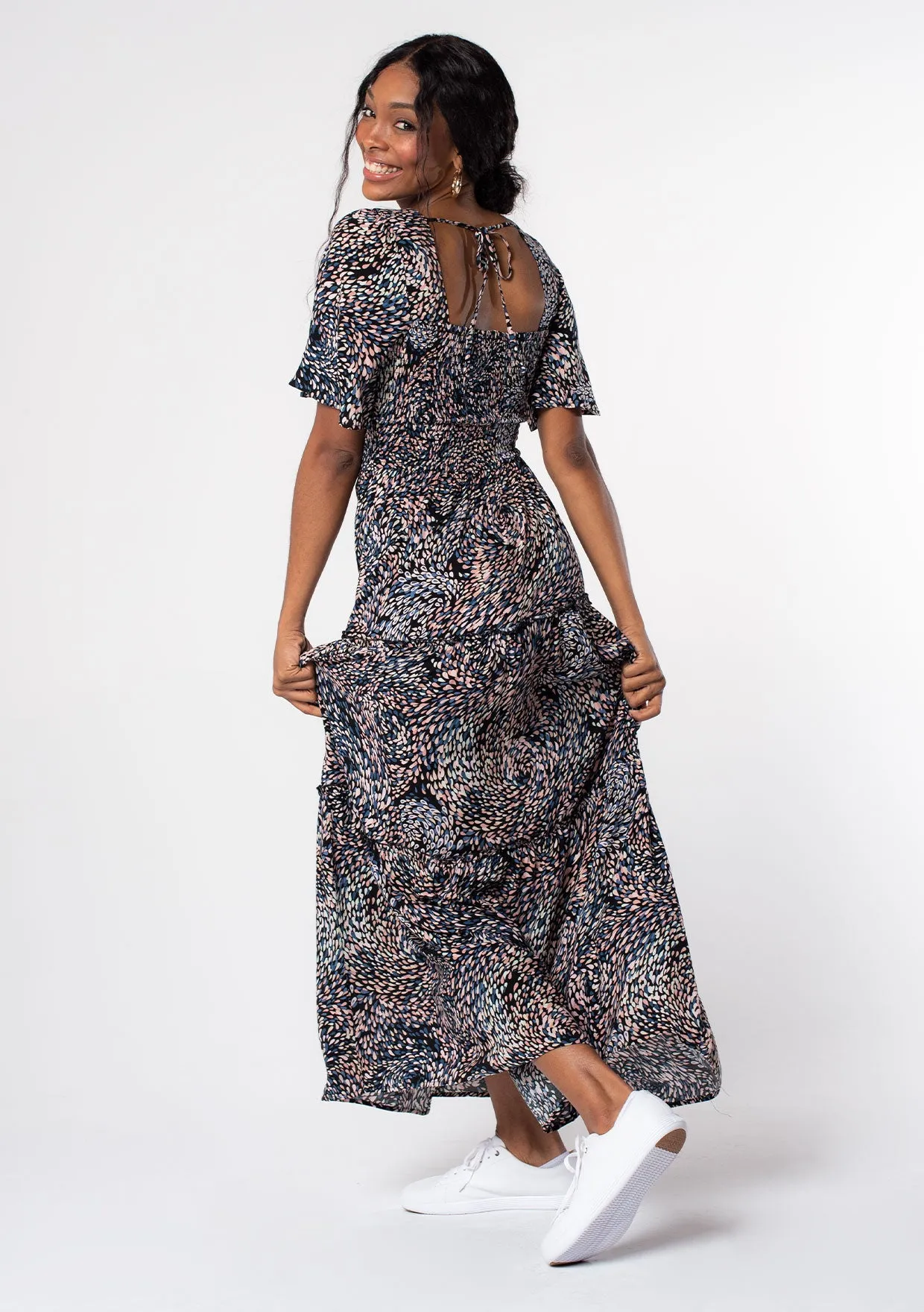 Boho Spring Printed Smocked Maxi Dress