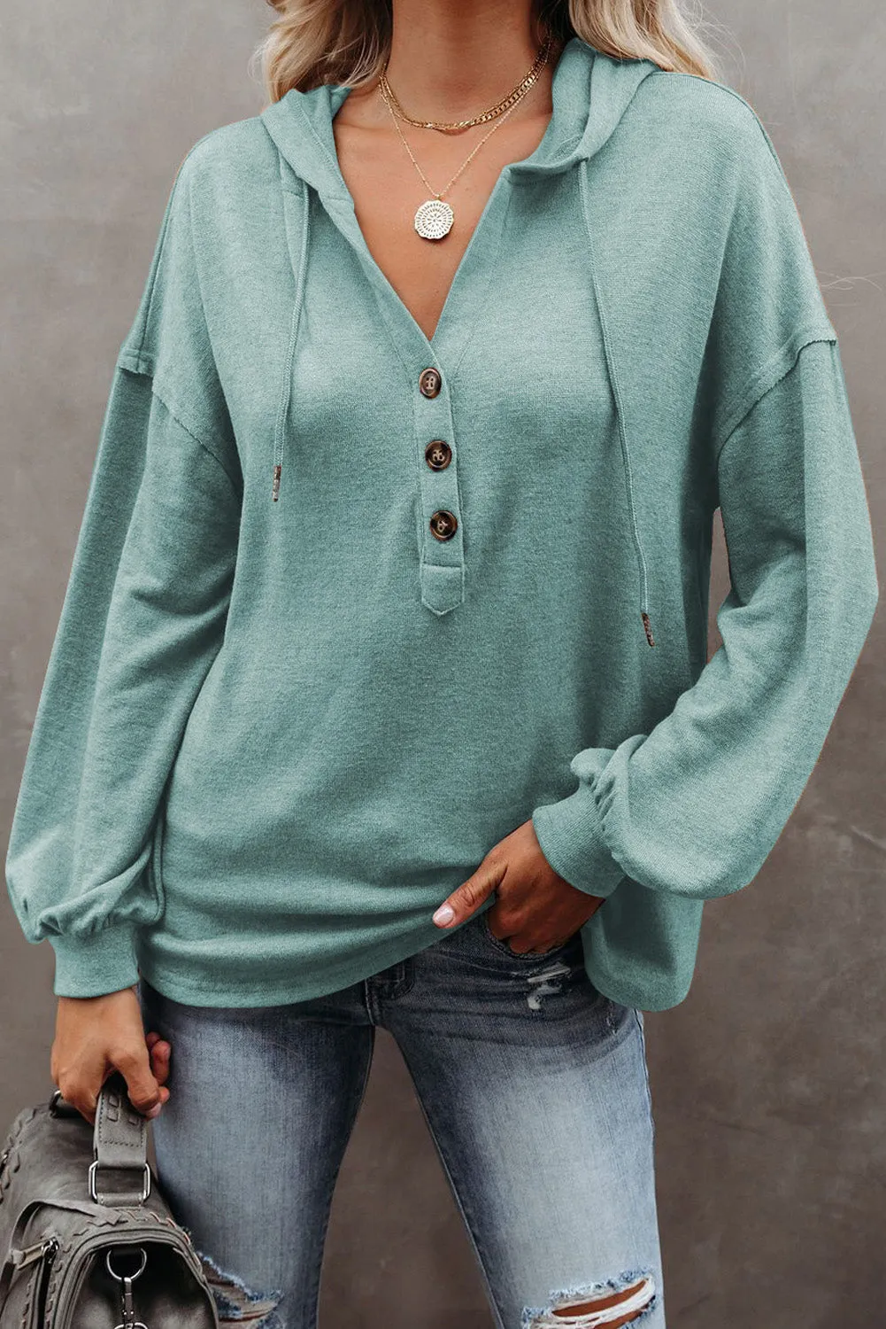 Buttoned High And Low Hem Hoodie
