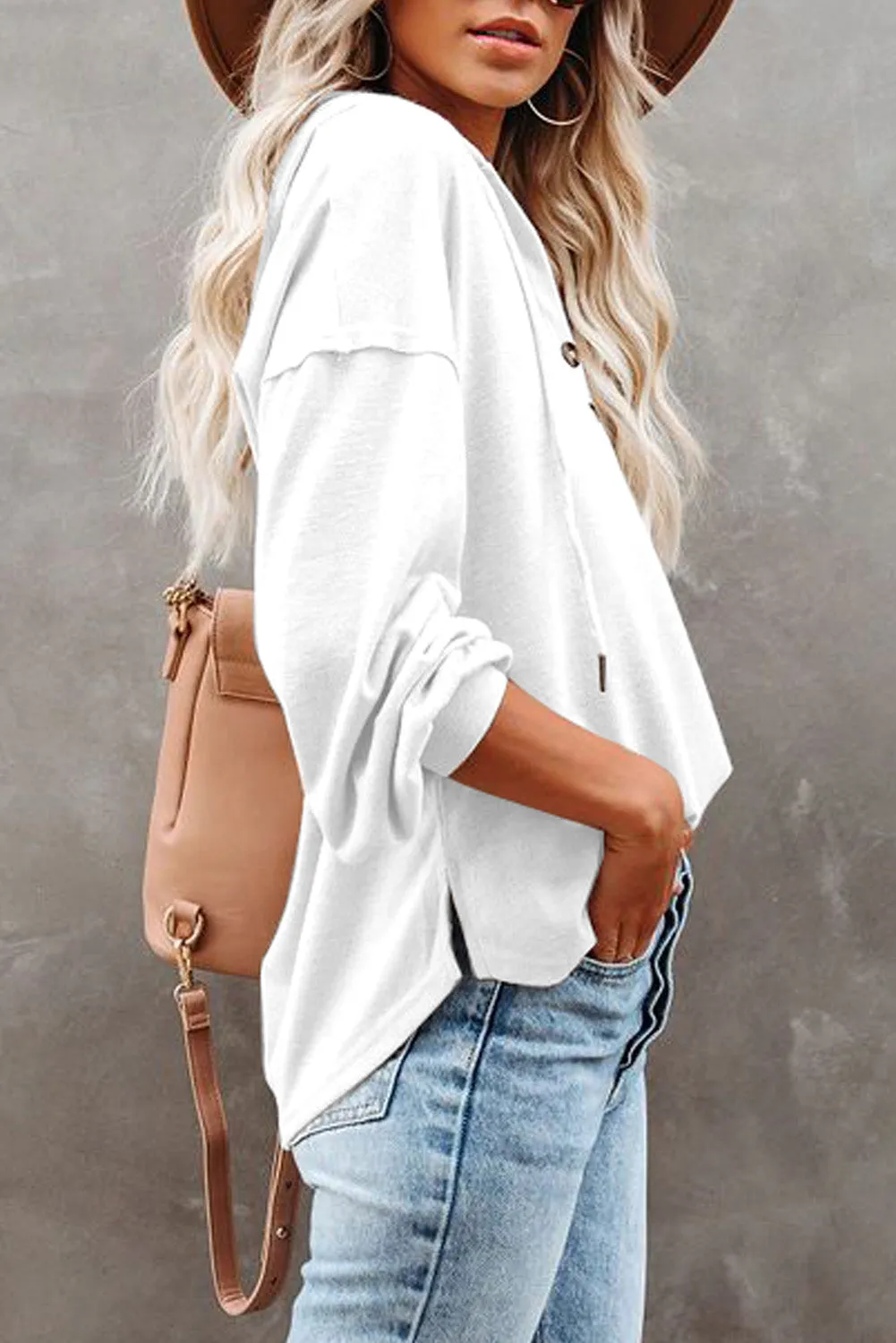 Buttoned High And Low Hem Hoodie
