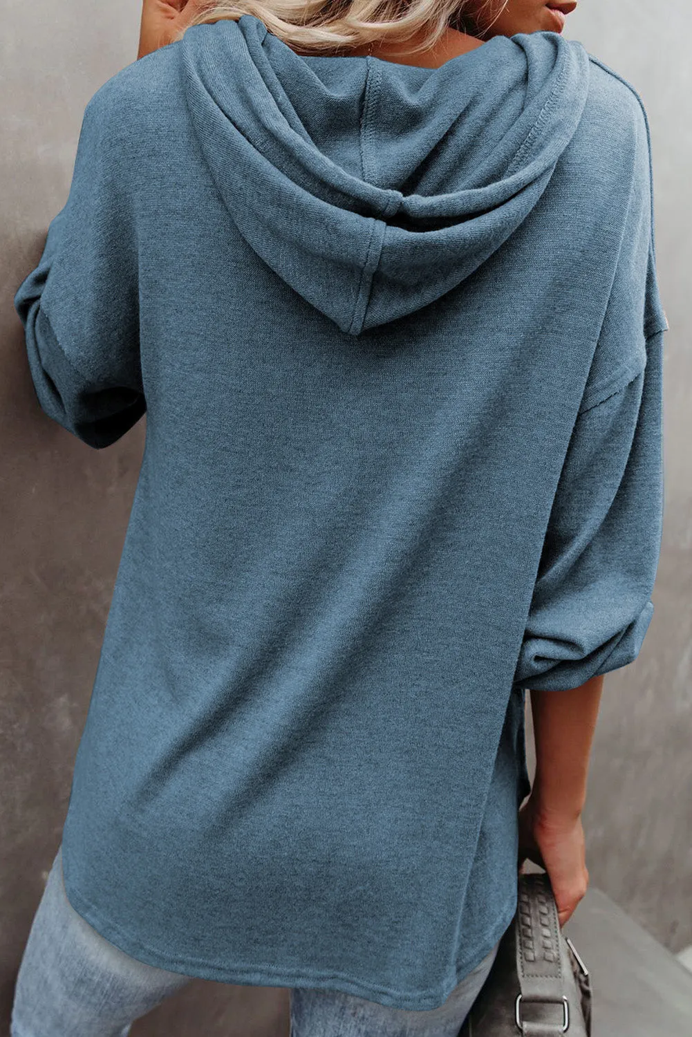 Buttoned High And Low Hem Hoodie