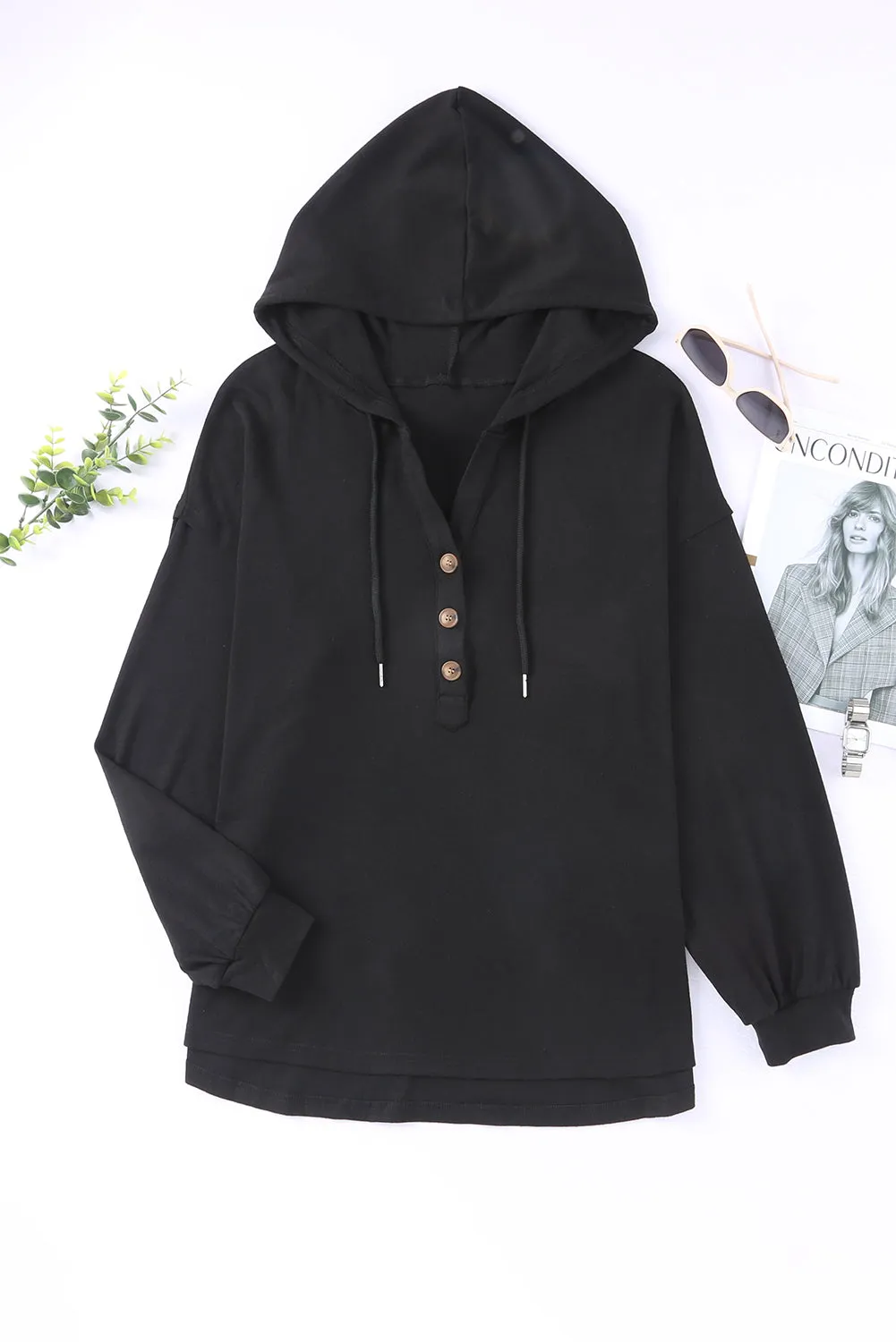 Buttoned High And Low Hem Hoodie
