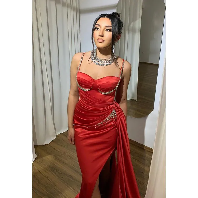 Couture & Ornate Spaghetti Straps Side Slit Mermaid Ruched Prom Dress With Rhinestones