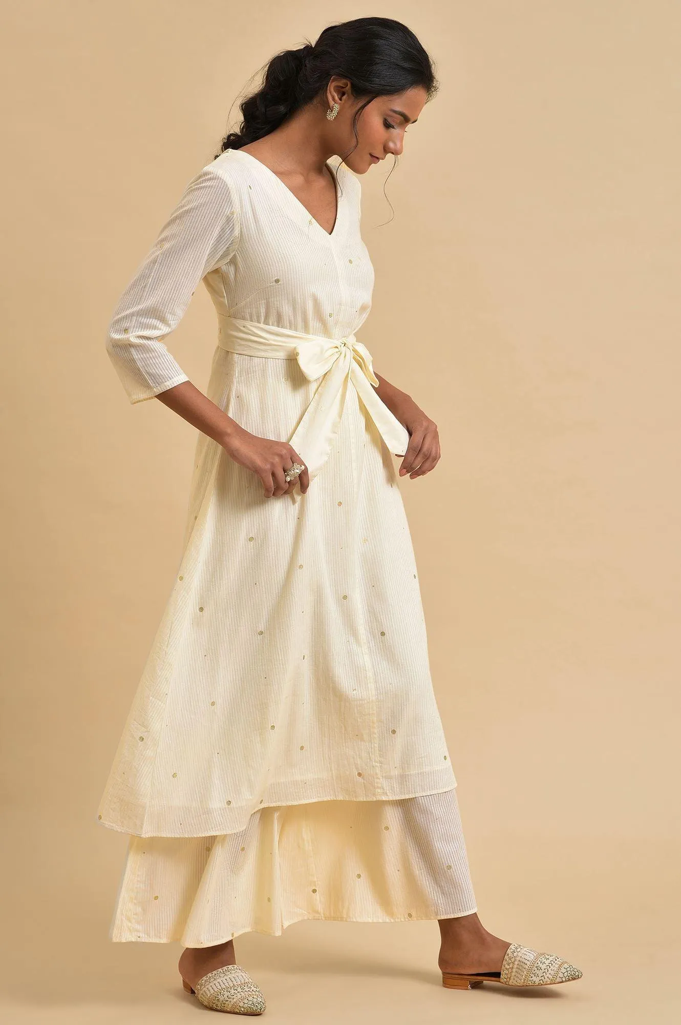 Ecru Gold Polka Dot Print kurta Co-Ord Set