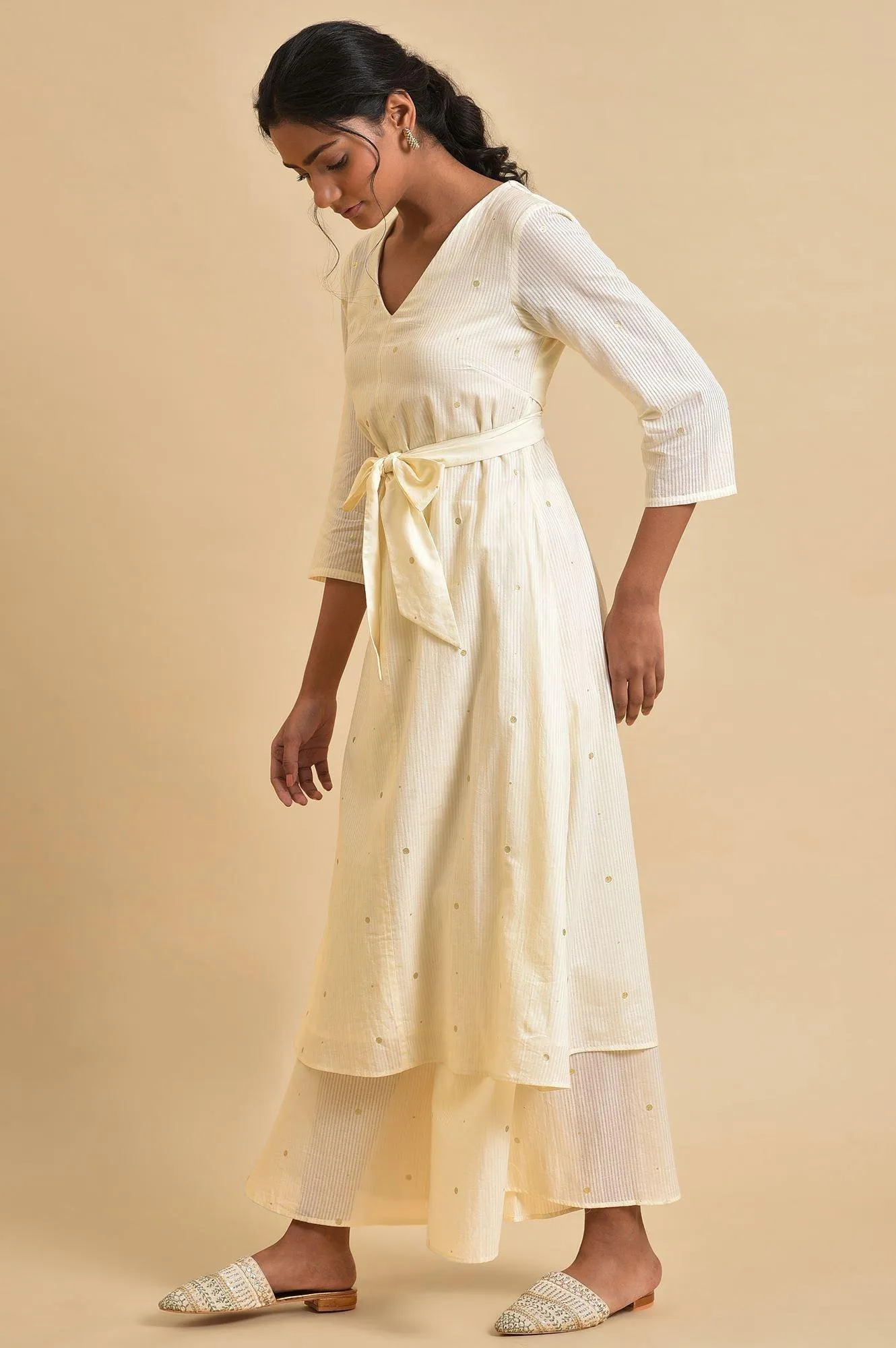 Ecru Gold Polka Dot Print kurta Co-Ord Set