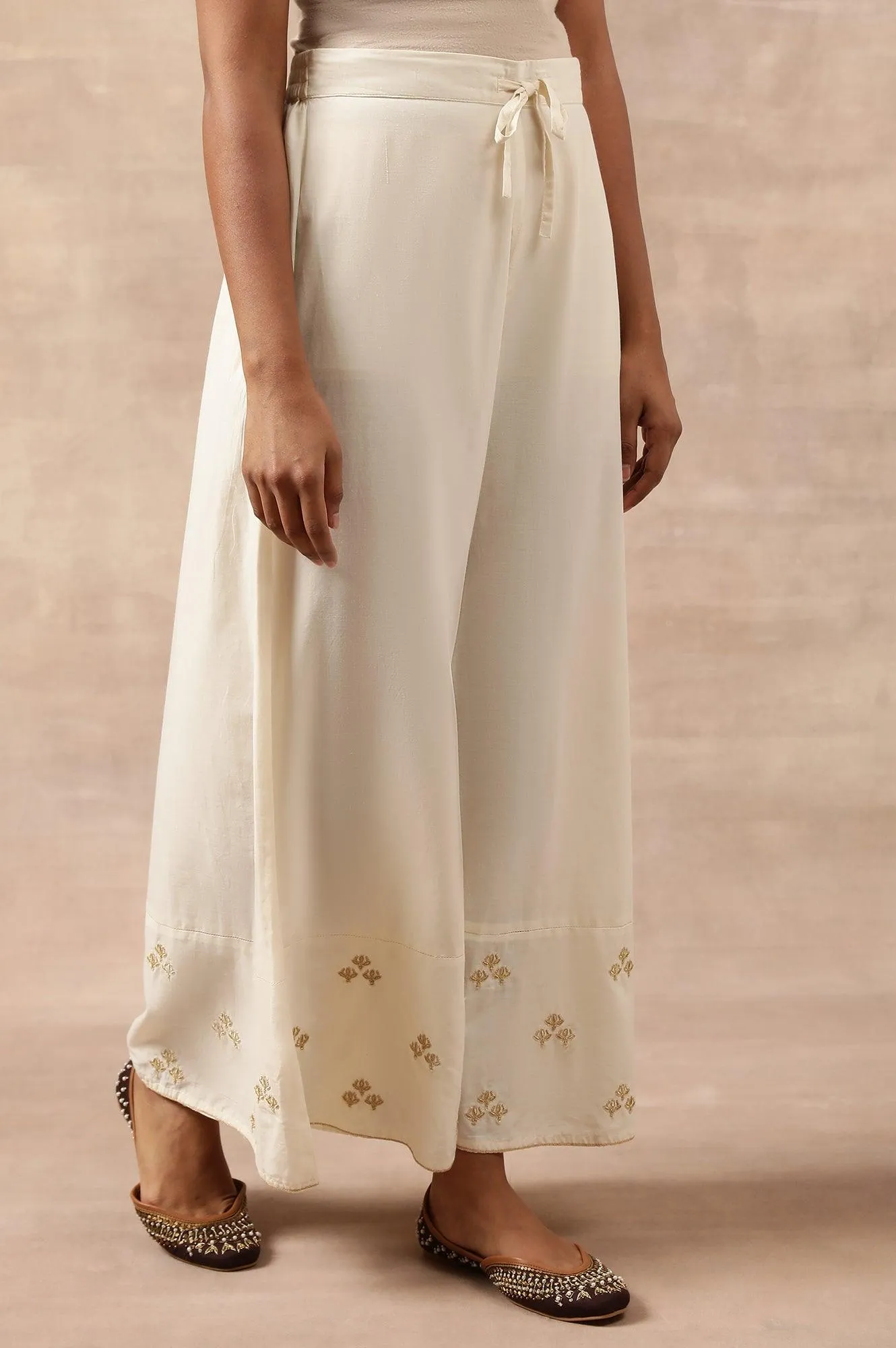Ecru Solid Flared Pants