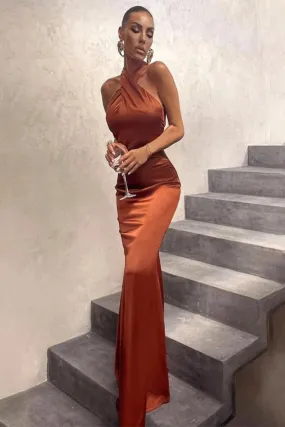 Elegant Bodycon Sleeveless Cross Halter Satin Backless Evening Party Dress