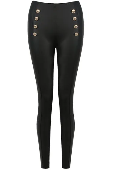 Gold Button PU Leather Leggings