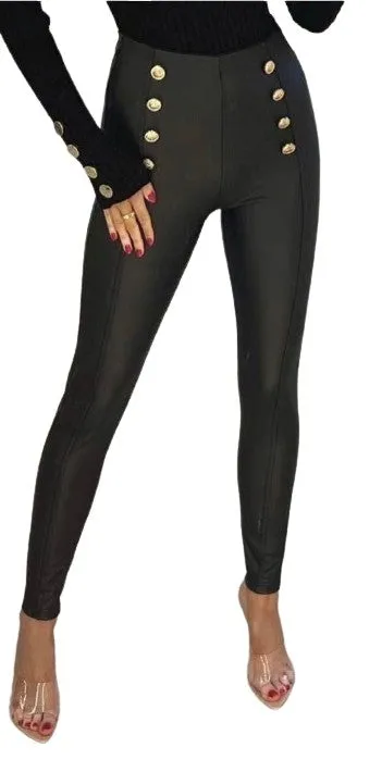Gold Button PU Leather Leggings