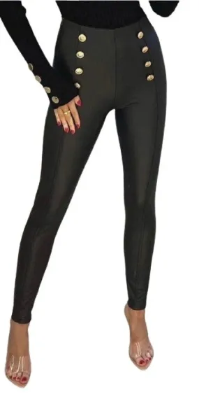 Gold Button PU Leather Leggings