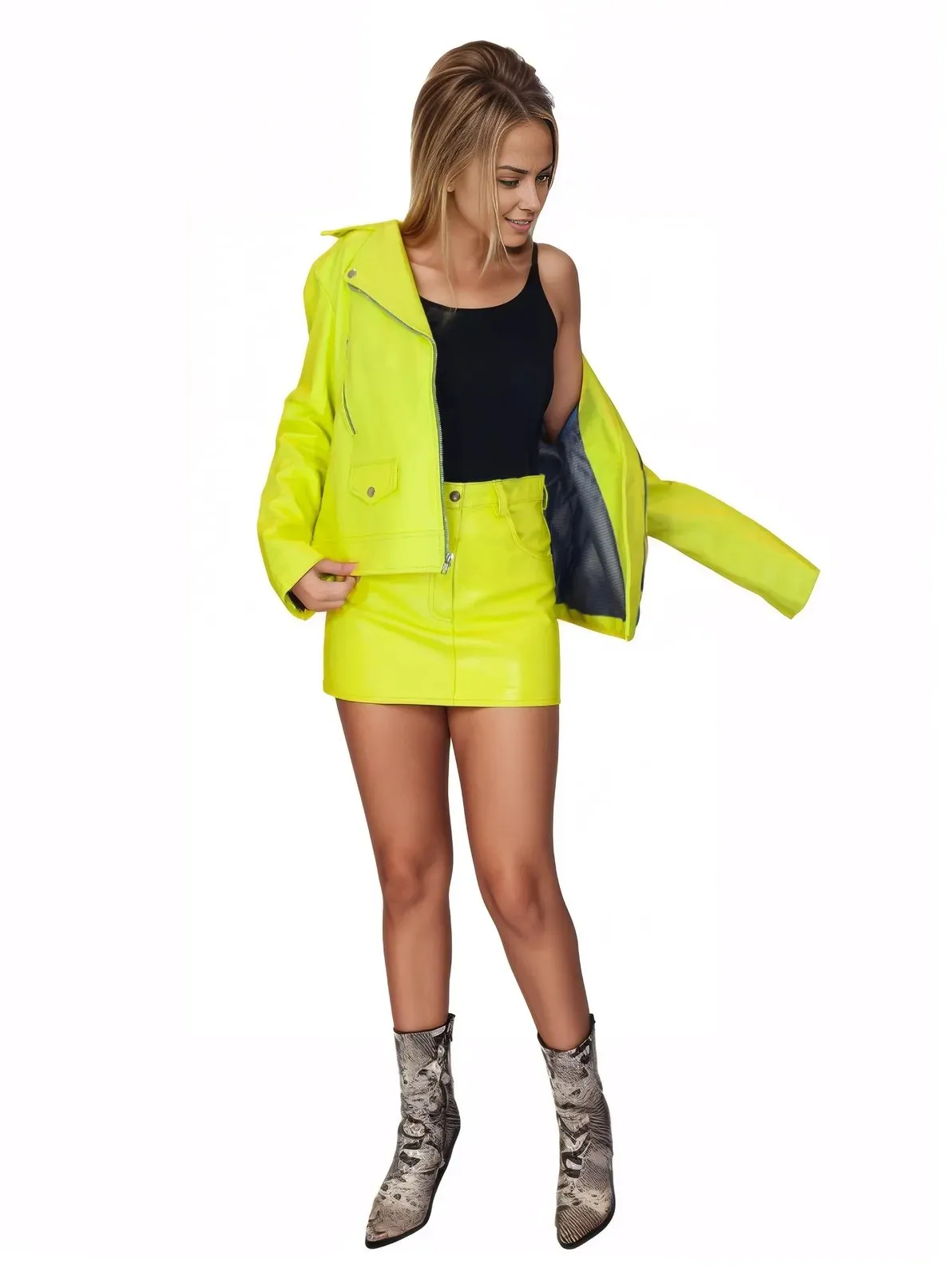 Handcrafted Women's Sheepskin Leather Biker Jacket – Premium Biker Style Lime Green
