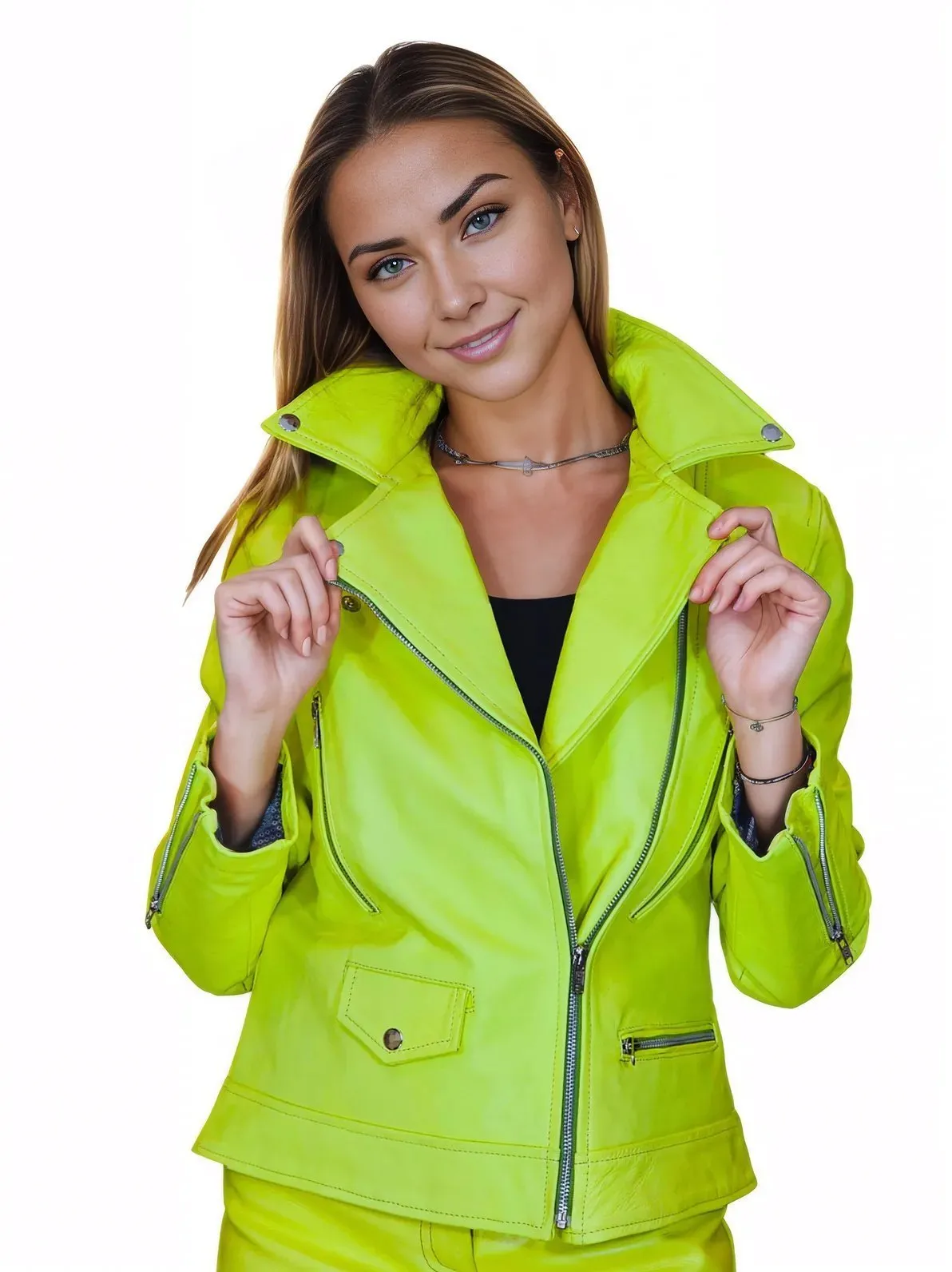 Handcrafted Women's Sheepskin Leather Biker Jacket – Premium Biker Style Lime Green