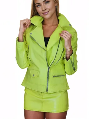 Handcrafted Women's Sheepskin Leather Biker Jacket – Premium Biker Style Lime Green