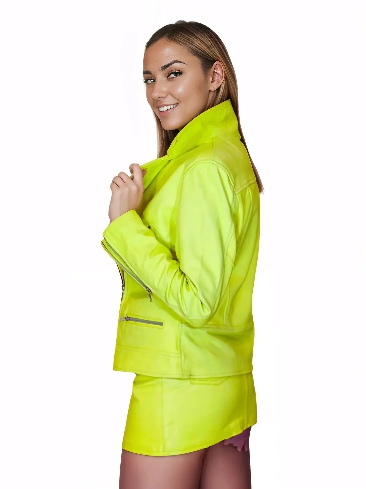 Handcrafted Women's Sheepskin Leather Biker Jacket – Premium Biker Style Lime Green
