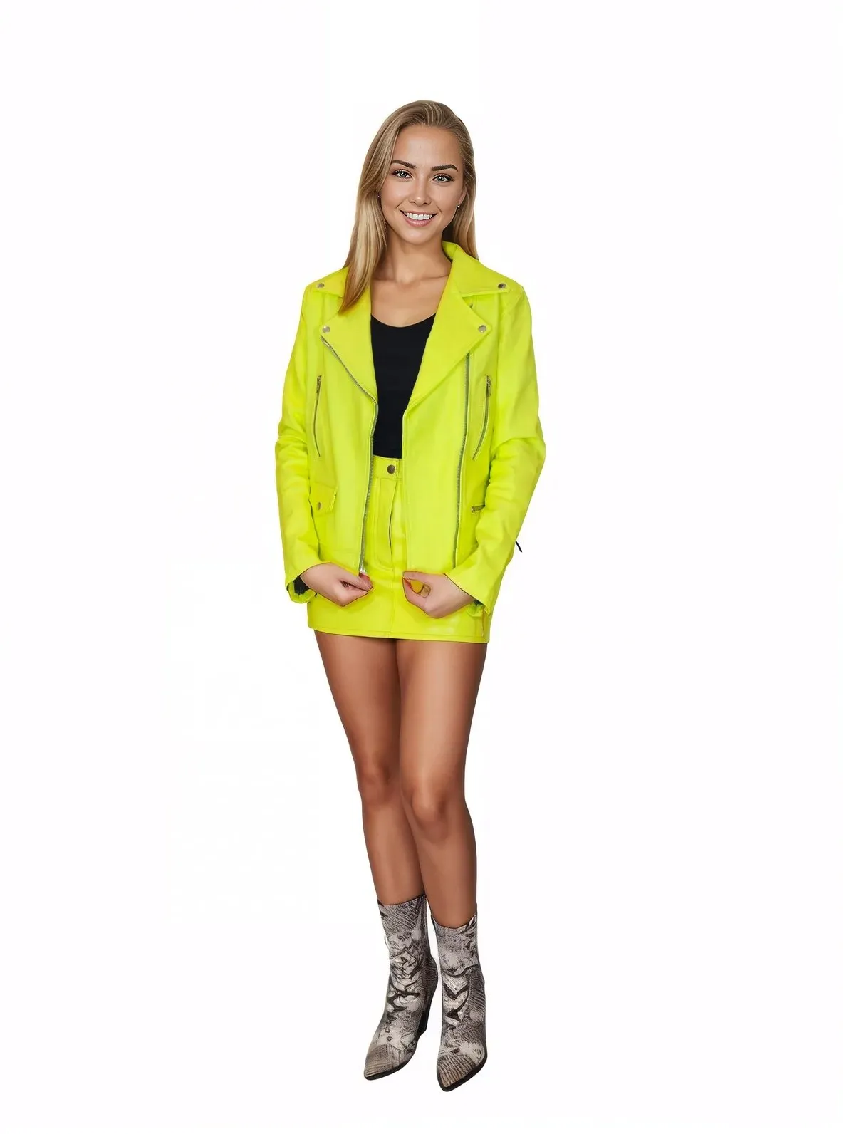 Handcrafted Women's Sheepskin Leather Biker Jacket – Premium Biker Style Lime Green