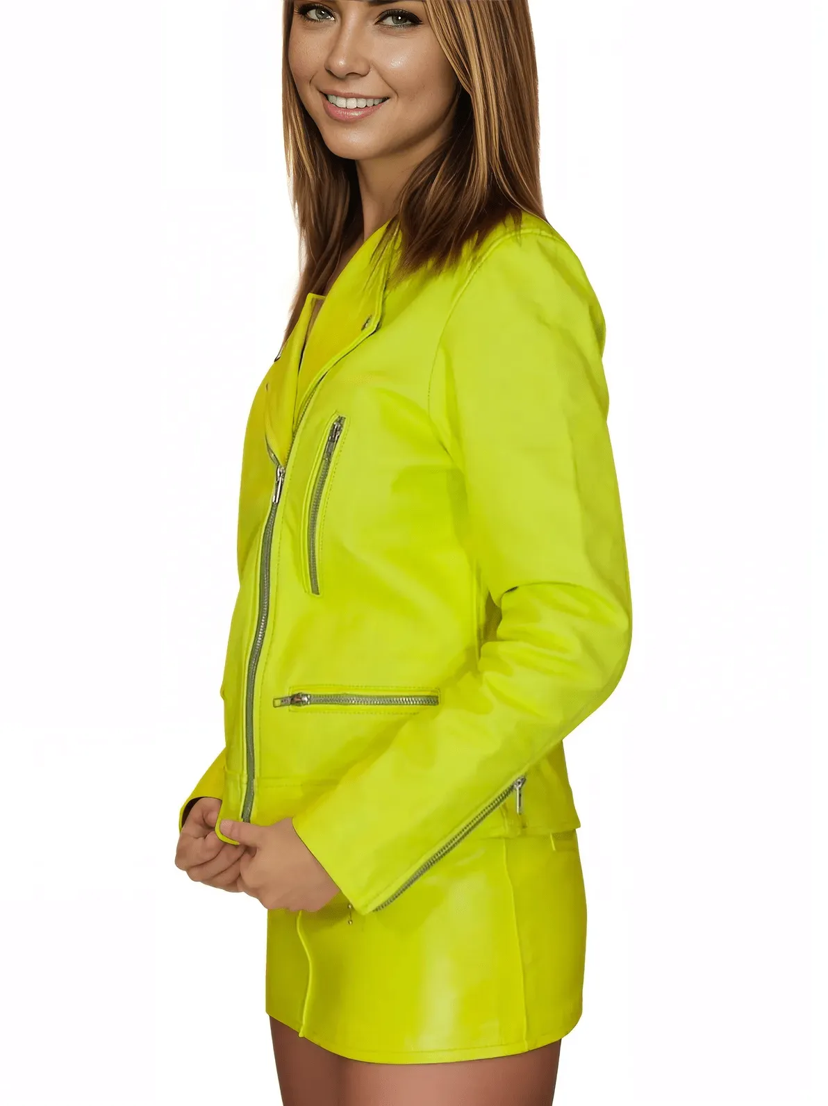 Handcrafted Women's Sheepskin Leather Biker Jacket – Premium Biker Style Lime Green