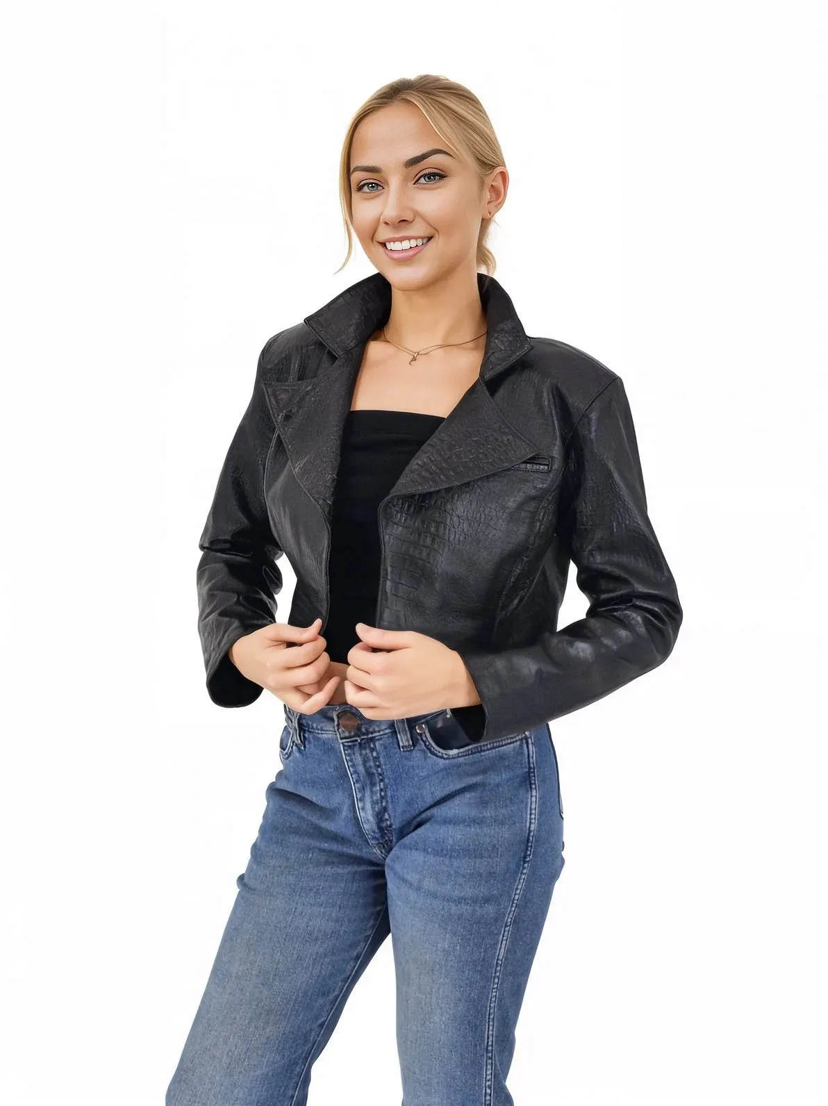 Handcrafted Women's Sheepskin Leather Jacket – Cropped Black Crocodile