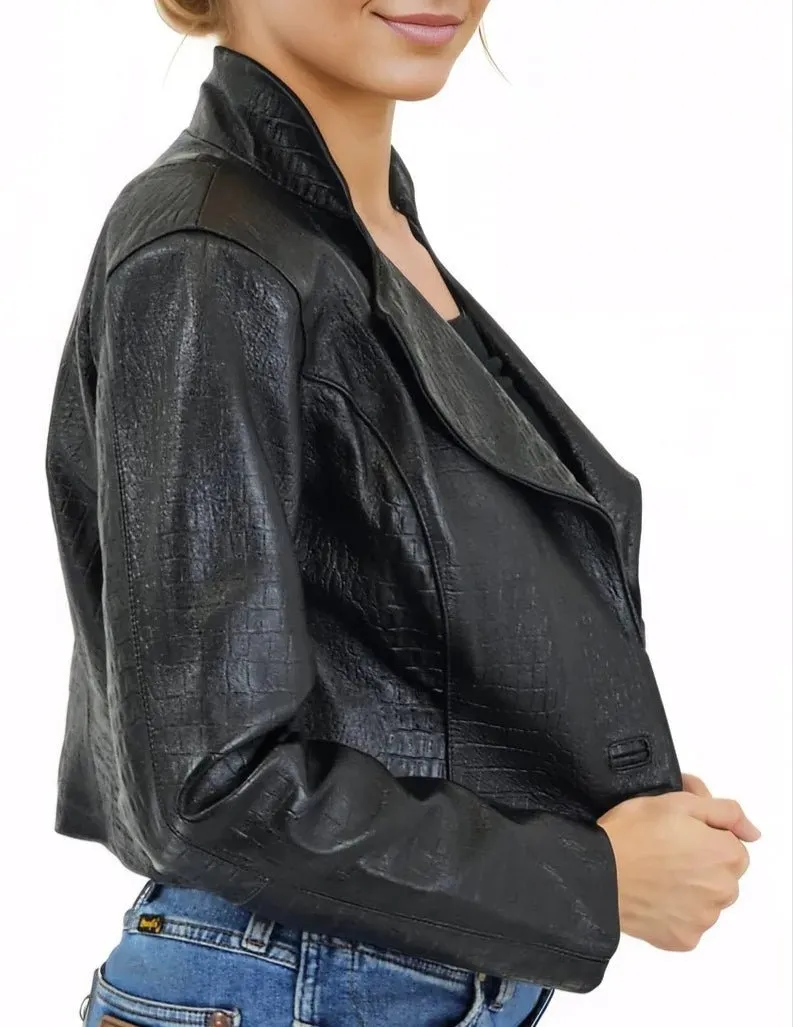 Handcrafted Women's Sheepskin Leather Jacket – Cropped Black Crocodile