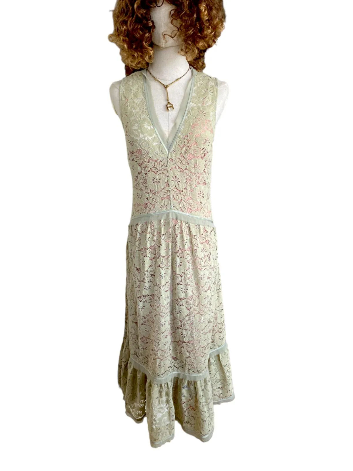 HANSEN & GRETEL Lace Midi Dress | Sz 1, Nude Slip, V-Neck, Party/Cocktail Dress