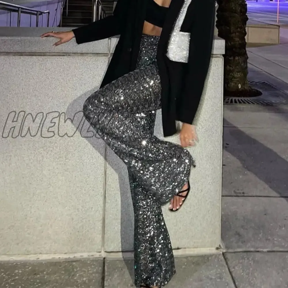 Hnewly Sequine Sexy Flare Pants Party Women Spring Fashion Y2k High Waist Silver Glitter Black Long Trousers Ladies