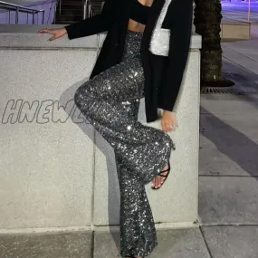 Hnewly Sequine Sexy Flare Pants Party Women Spring Fashion Y2k High Waist Silver Glitter Black Long Trousers Ladies