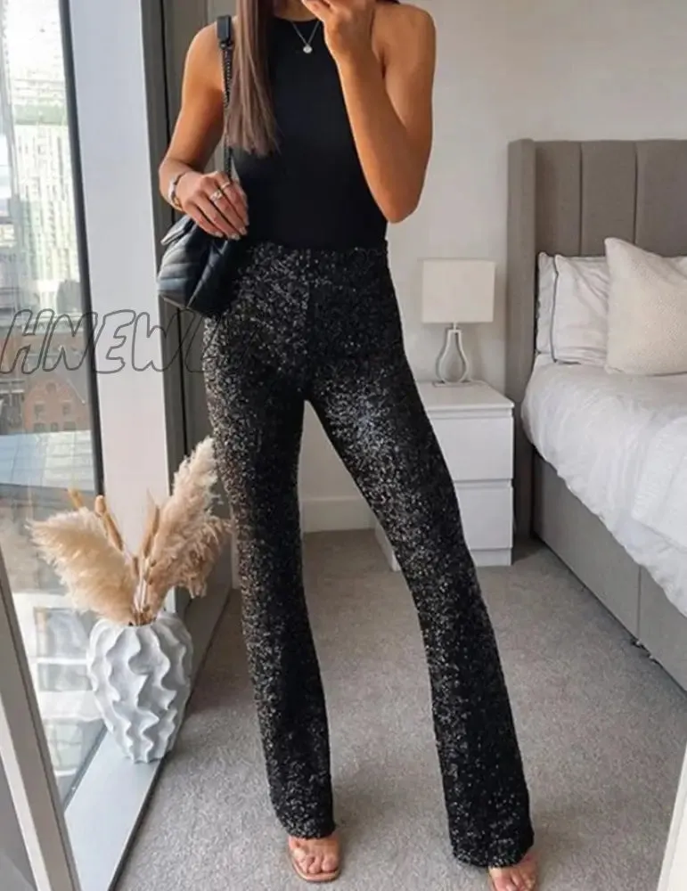 Hnewly Sequine Sexy Flare Pants Party Women Spring Fashion Y2k High Waist Silver Glitter Black Long Trousers Ladies