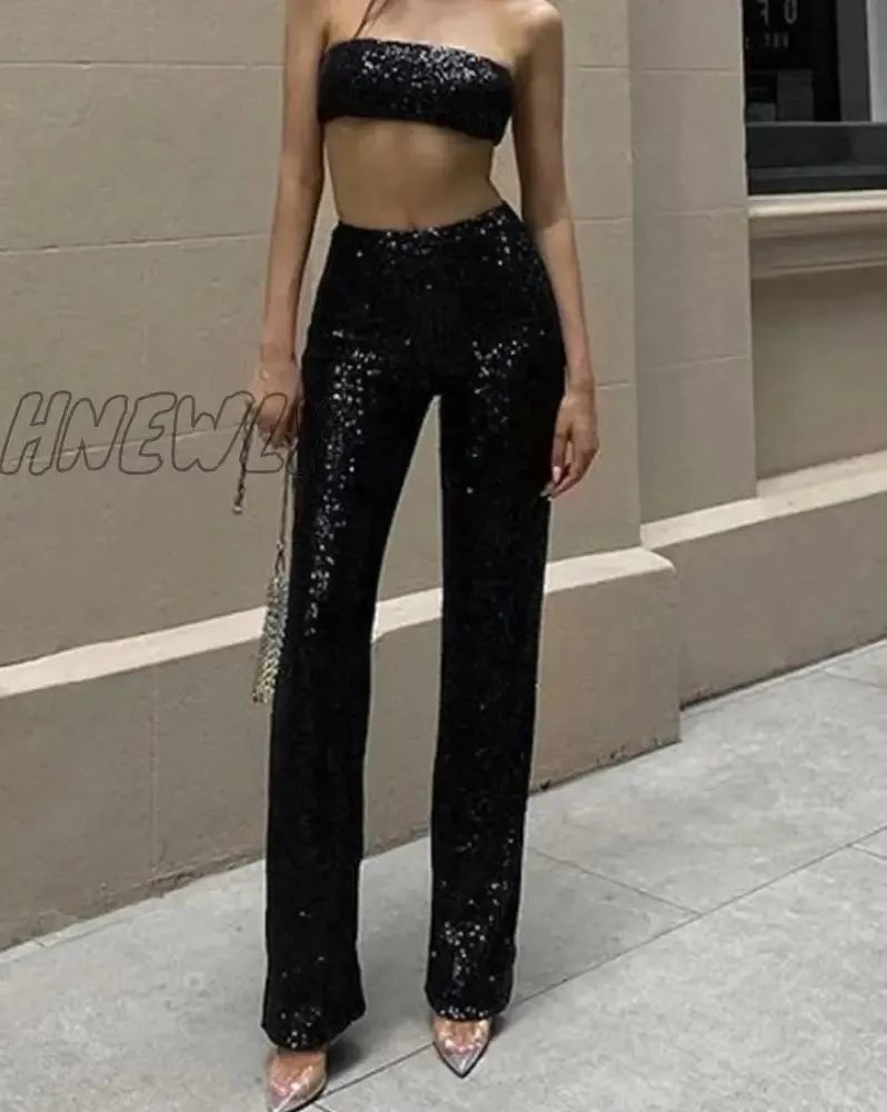 Hnewly Sequine Sexy Flare Pants Party Women Spring Fashion Y2k High Waist Silver Glitter Black Long Trousers Ladies