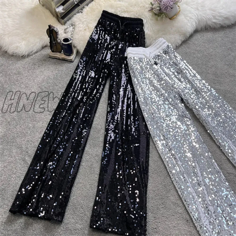 Hnewly Sequine Sexy Flare Pants Party Women Spring Fashion Y2k High Waist Silver Glitter Black Long Trousers Ladies