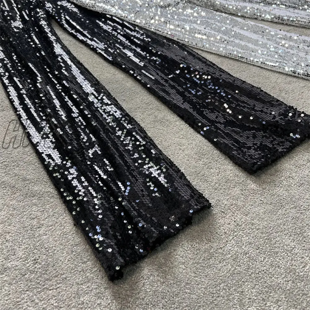 Hnewly Sequine Sexy Flare Pants Party Women Spring Fashion Y2k High Waist Silver Glitter Black Long Trousers Ladies