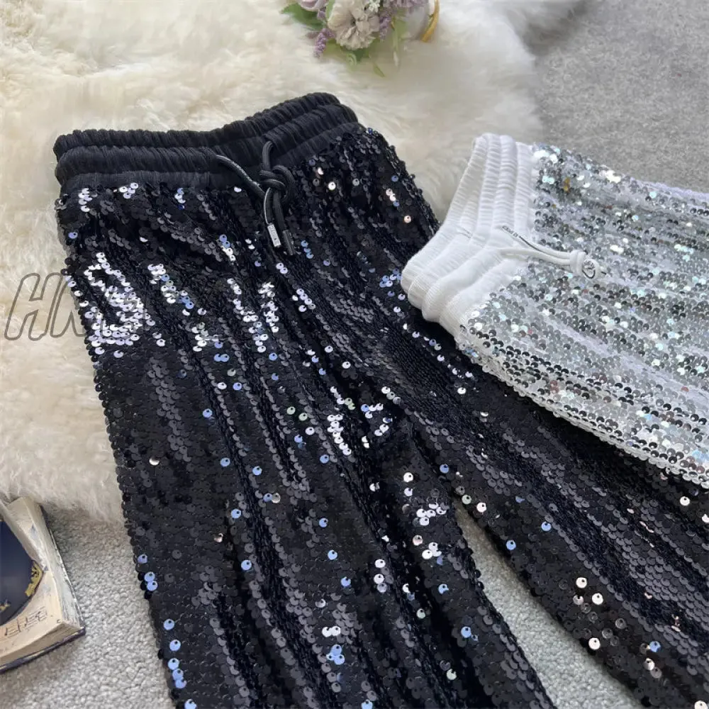Hnewly Sequine Sexy Flare Pants Party Women Spring Fashion Y2k High Waist Silver Glitter Black Long Trousers Ladies