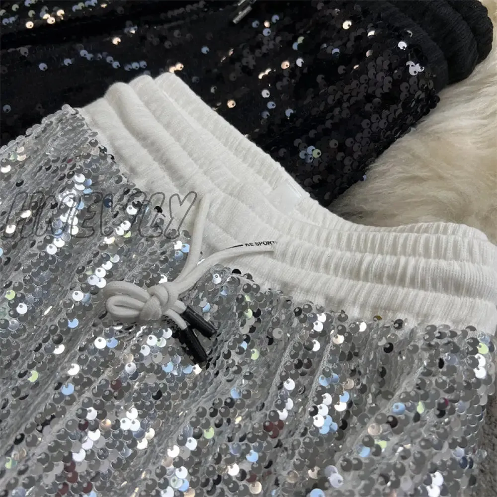 Hnewly Sequine Sexy Flare Pants Party Women Spring Fashion Y2k High Waist Silver Glitter Black Long Trousers Ladies