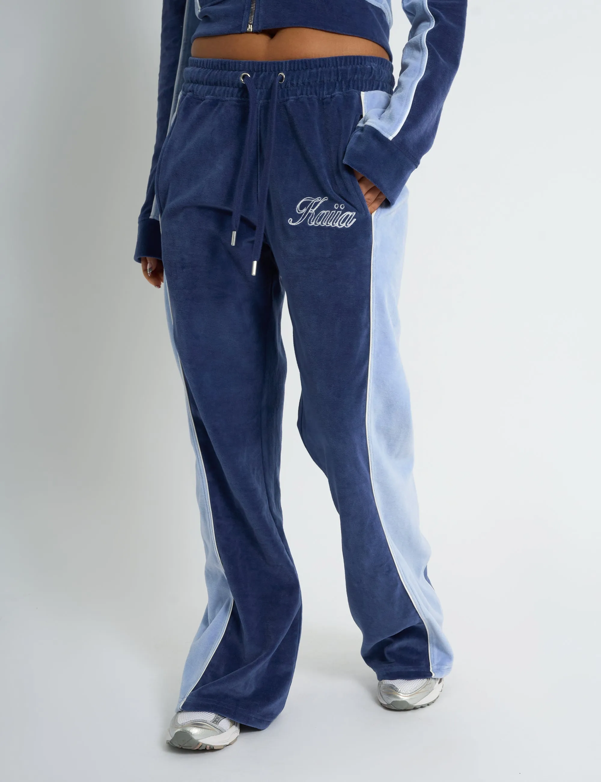 Kaiia Script Logo Panelled Velour Wide Leg Joggers Navy