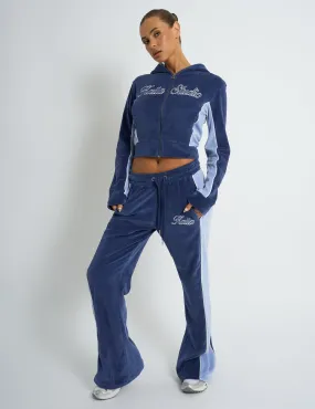 Kaiia Script Logo Panelled Velour Wide Leg Joggers Navy