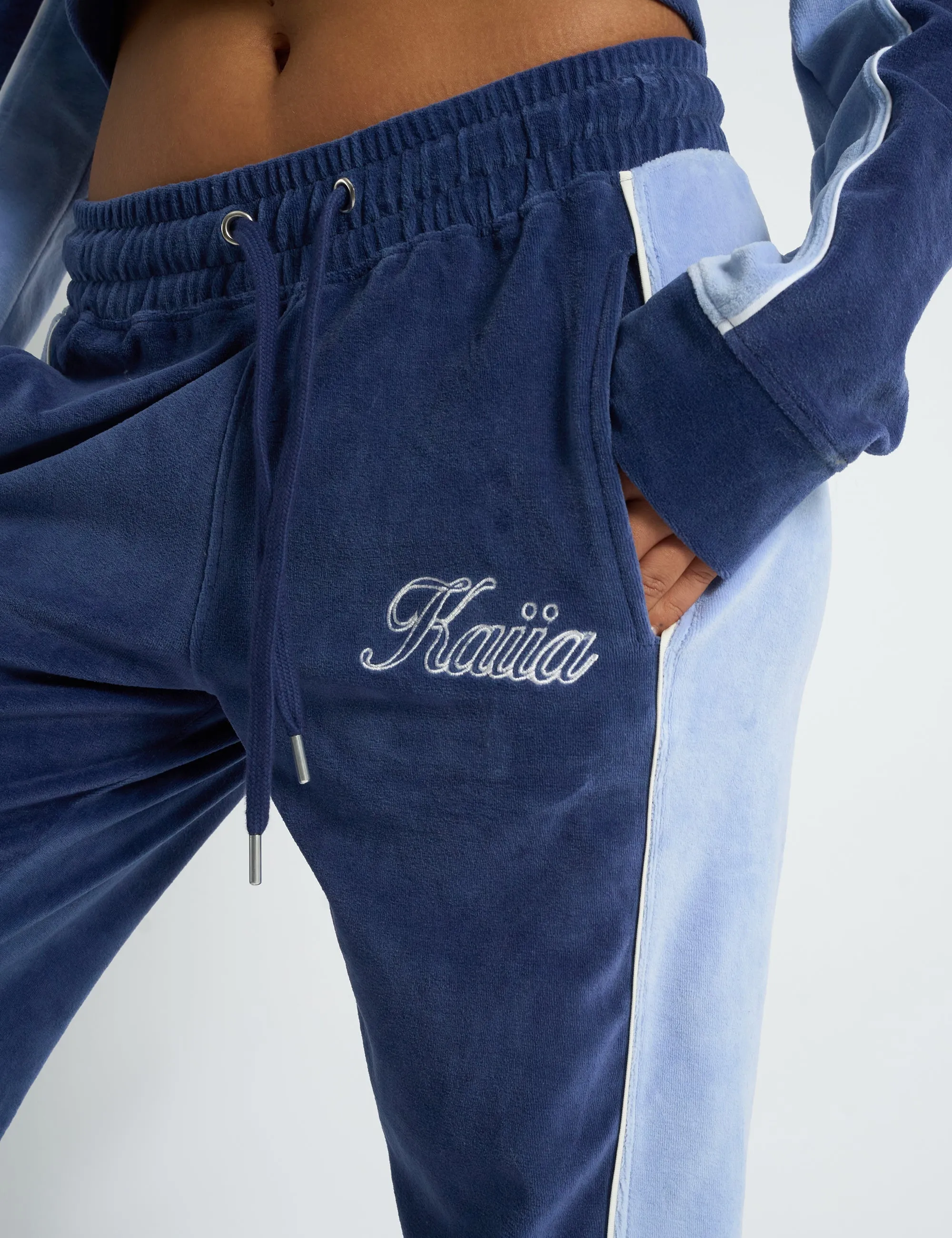 Kaiia Script Logo Panelled Velour Wide Leg Joggers Navy