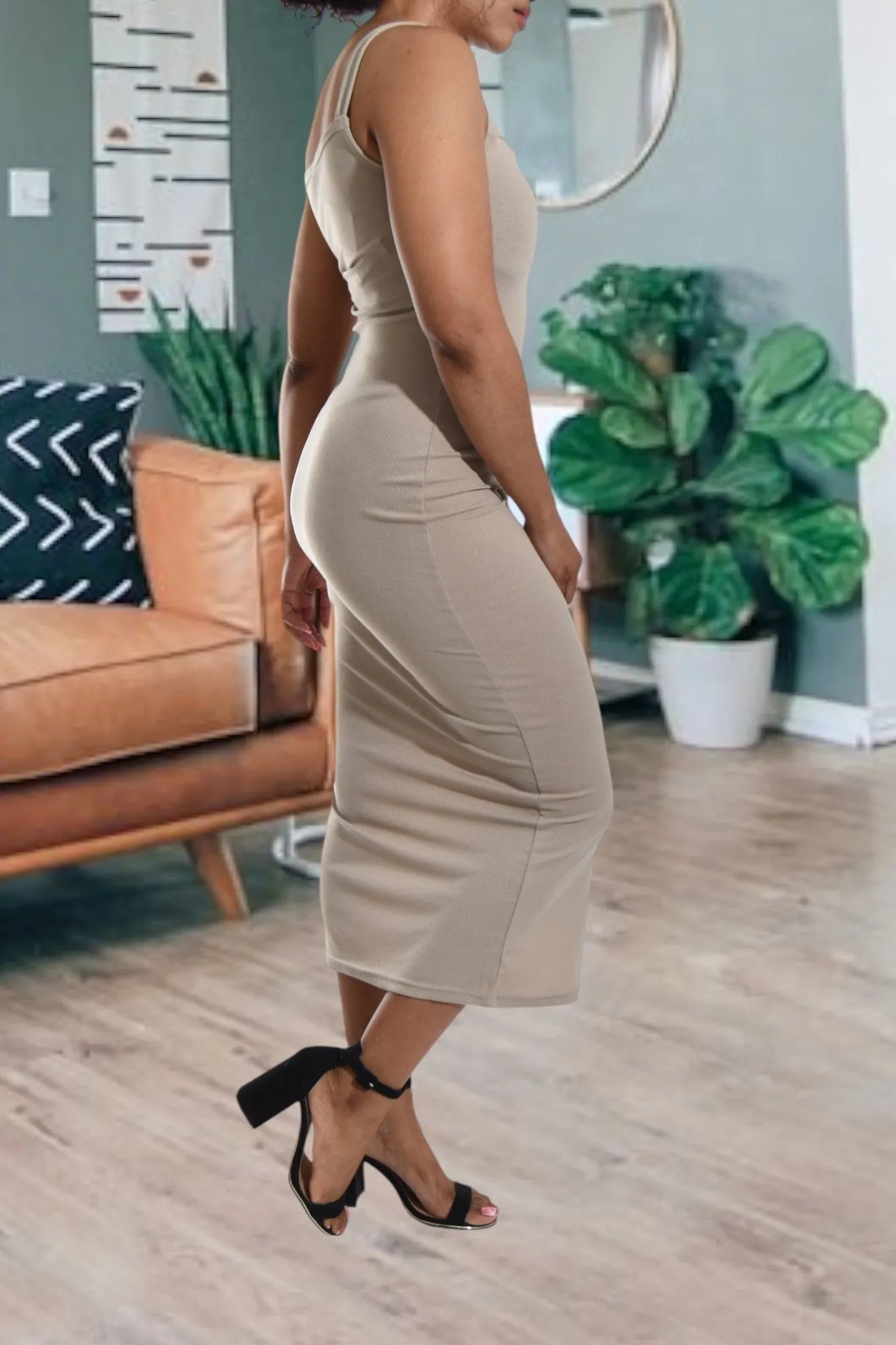 Khaki Rib Bodycon Slit Dress
