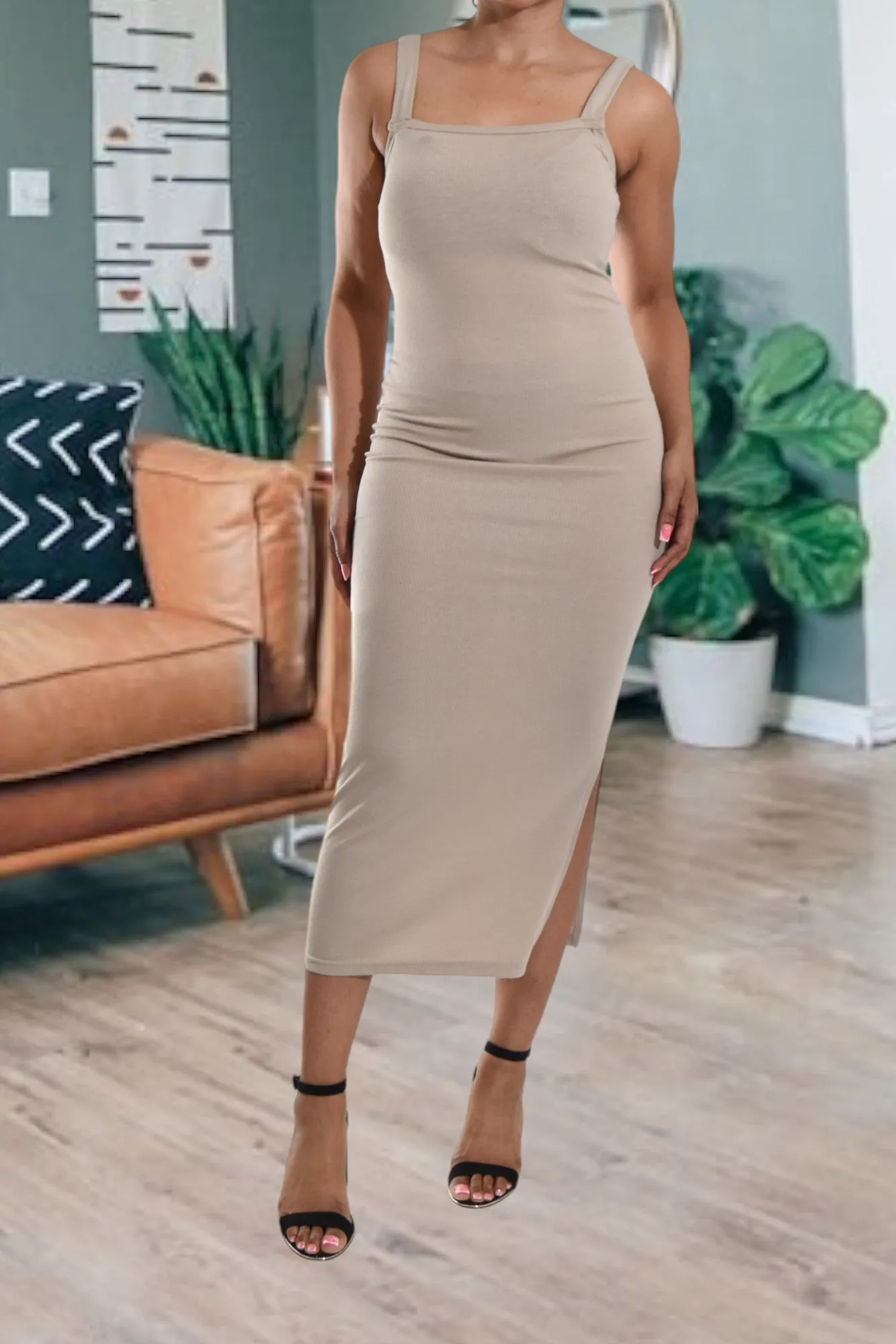 Khaki Rib Bodycon Slit Dress