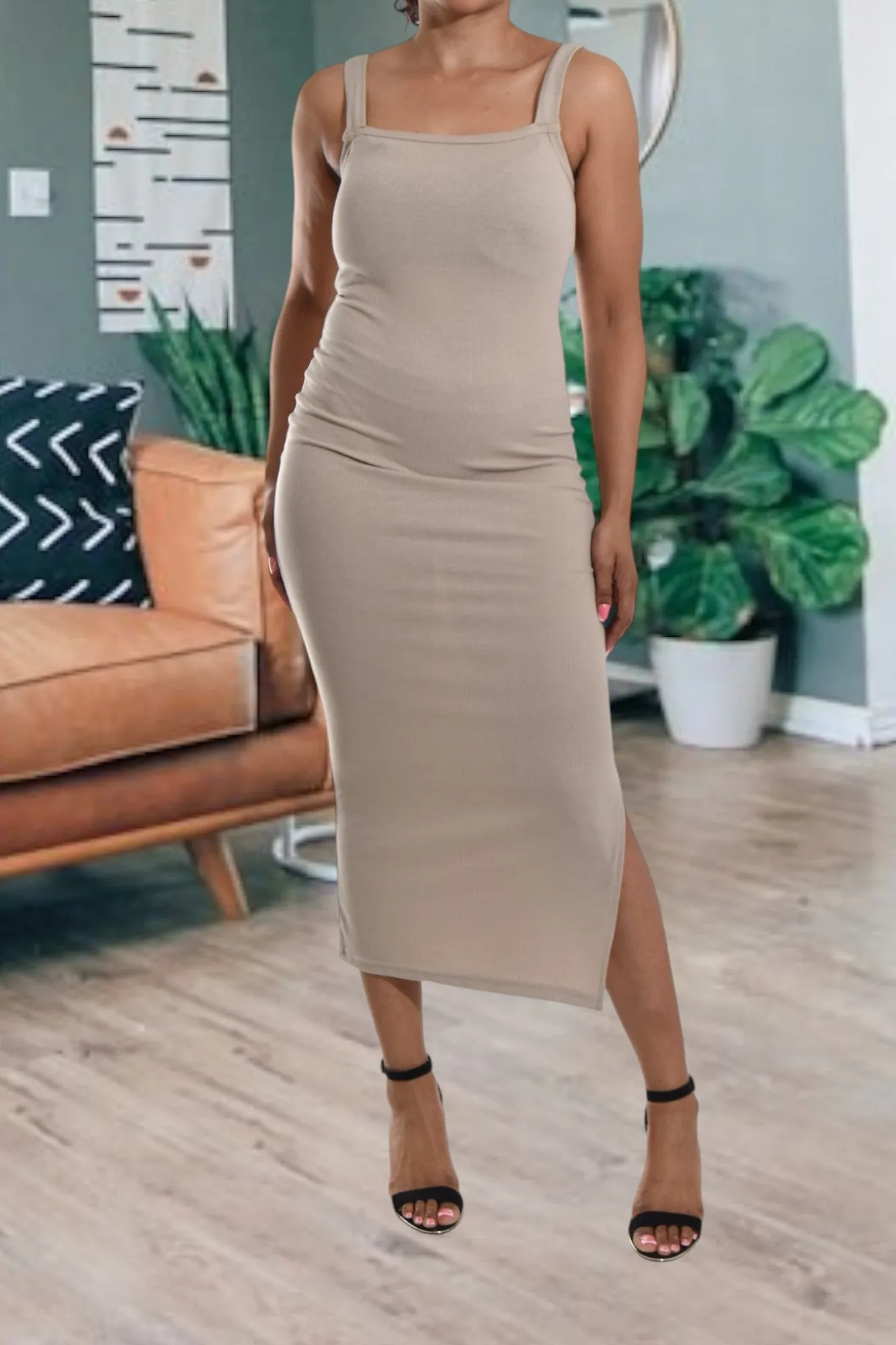 Khaki Rib Bodycon Slit Dress